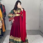 Traditional Afghan Women's Embroidered Dress – Burgundy